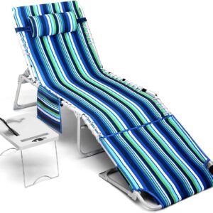3-in-1 Beach Chair Face Holes, Lounge Chair Outdoor with Folding Side Table, 5-Position Recliner, Lay Flat, Removable Pillow, Heavy Duty, Max 330lbs, Poolside, Patio, Camping, Backyard Striped Blue
