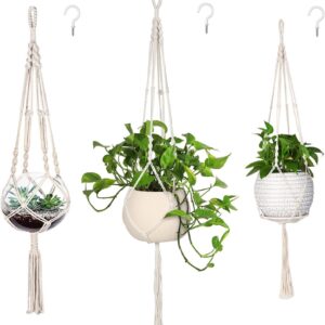 MIPON 3 Pack Macrame Plant Hanger Indoor Hanging Planter Holder with 3 Hooks, 46"/41"/34" Size for Boho Home Decor, Ivory (Pots Not Included)